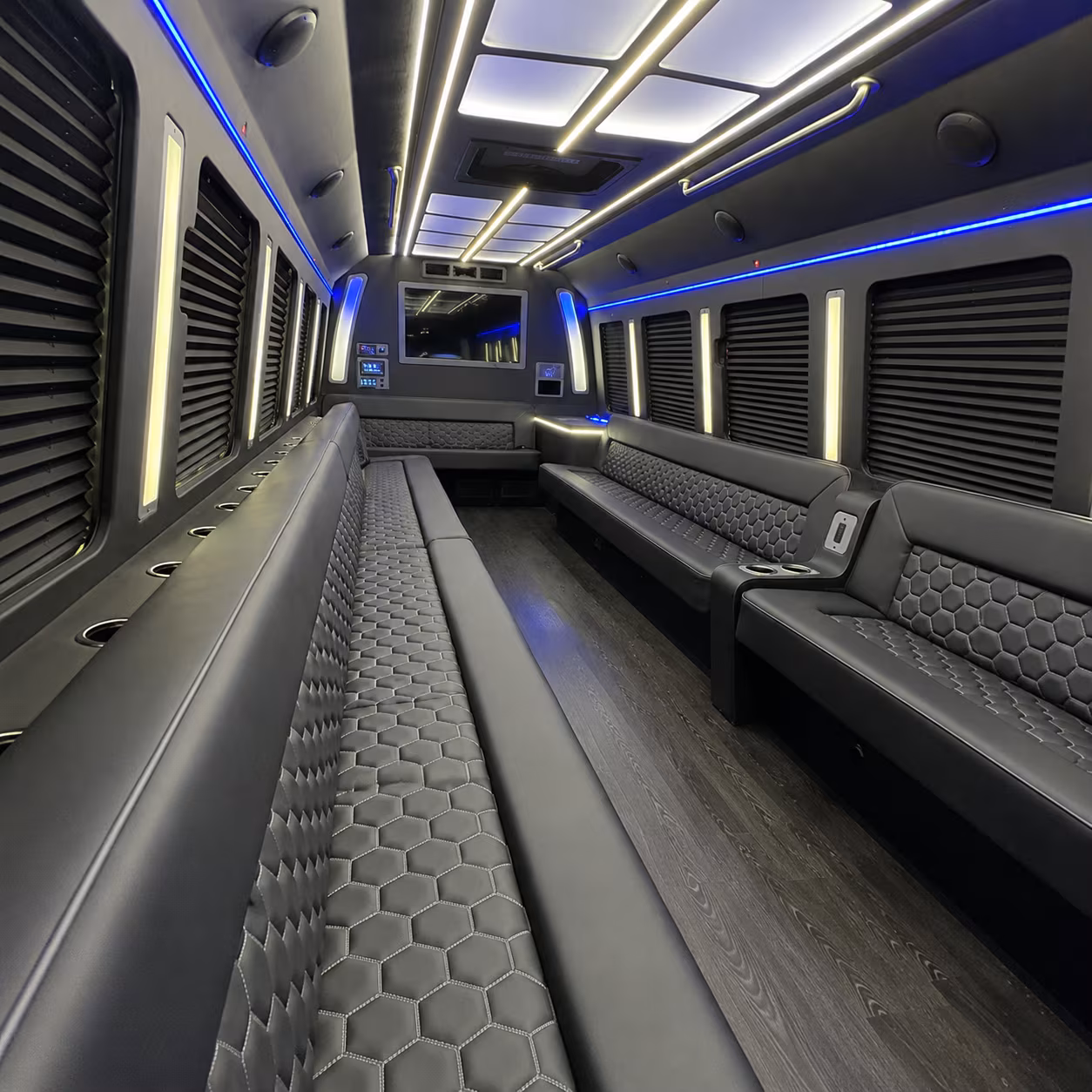 Interior of a party bus rental serving Cambridge